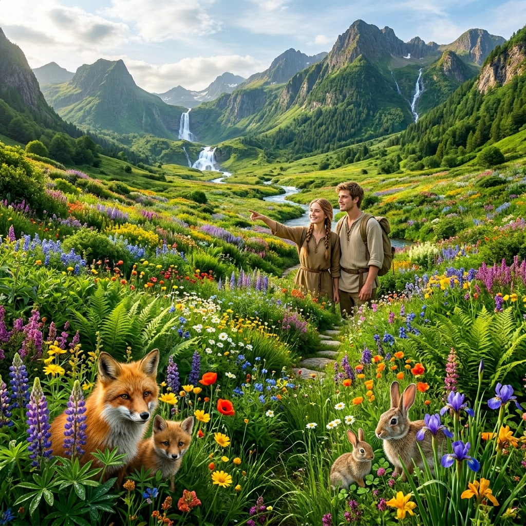 Mountain valley with diverse wildflowers, winding river, and waterfalls