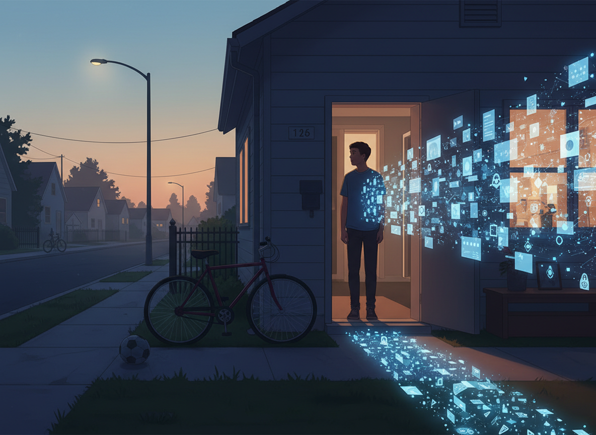 Un adolescente en el umbral de una casa entre una banqueta de barrio vacía y un flujo luminoso de vida social digital que entra desde una pantalla.