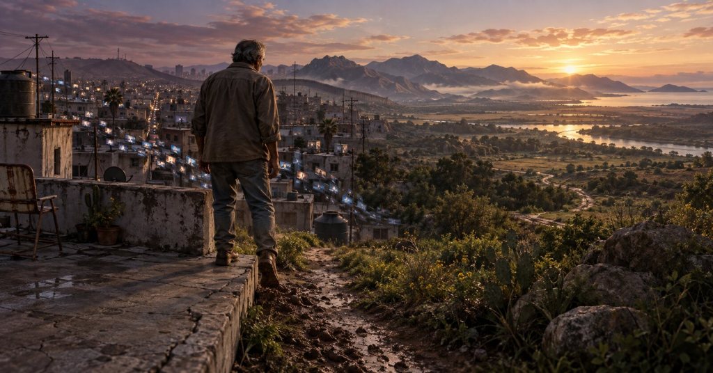 Un hombre mayor desciende de una azotea hacia un sendero de tierra al amanecer, mientras una corriente de pantallas atraviesa la ciudad.